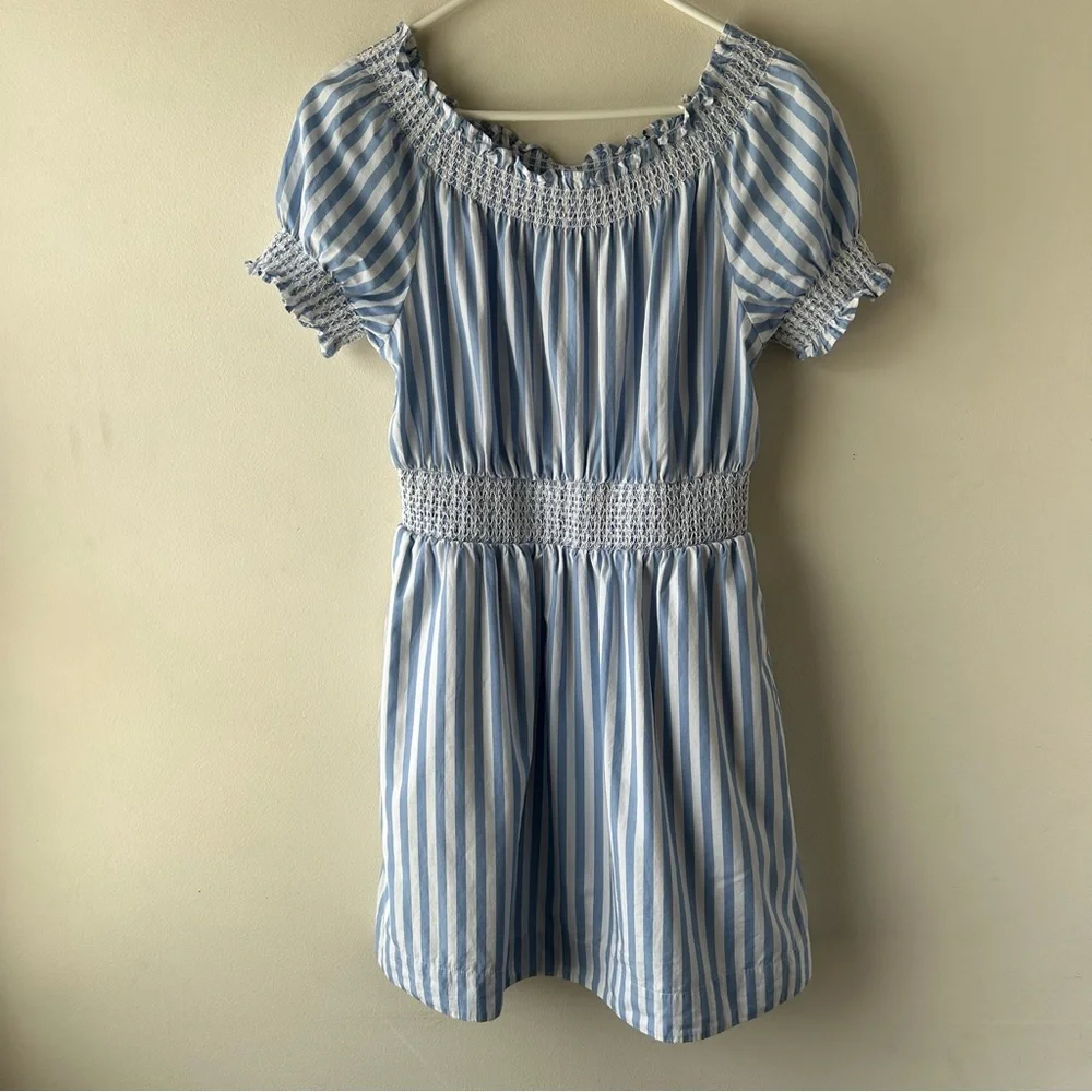 J. Crew 100% cotton Smocked puff-sleeve poplin dress in stripe blue white S